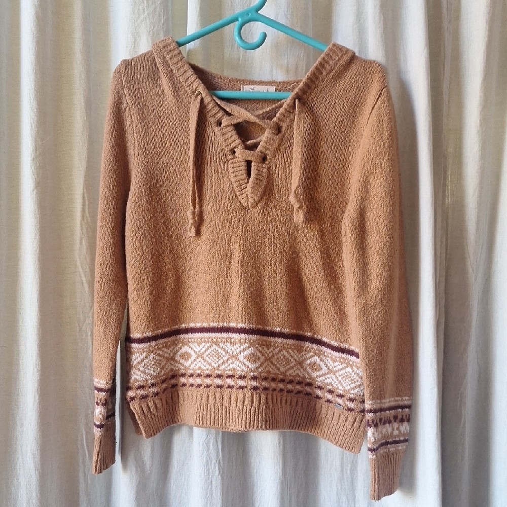 Hollister Cozy Tan Sweater with Lace-Up Neckline